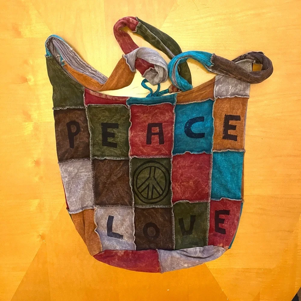 Patchwork Crossbody Hobo Bag PEACE LOVE Graphic Boho Multicolored
